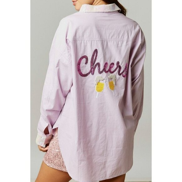 Fantastic Fawn Tops - Mimosa Brunch Sequin Patch Poplin Oversize Shirt in Lavender